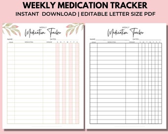 Può includere: Tracker settimanale di farmaci stampabile con un design floreale. Il tracker ha sezioni per nome, data, ora, farmaco, dosaggio e giorni della settimana. Il tracker è in bianco e nero con uno sfondo rosa.