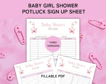 Babymeisje douche, aanmeldformulier potluck, aanmeldformulier eten, babybrunch, invulbare pdf, afdrukbare sjabloon voor potluck
