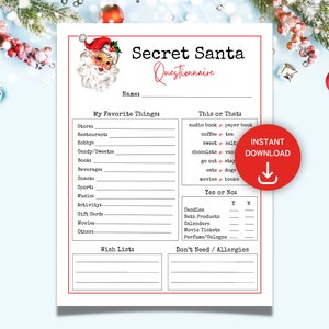 Fragebogen zum Weihnachtsmann, druckbare Fragebogen für Kollegen, Wichteln-Formular, Geschenkbörse, Wunschliste, Wichtel-Umfrage, PDF