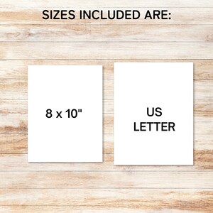 May include: Two white cards on a wooden background. The card on the left says "8 x 10" and the card on the right says "US LETTER".