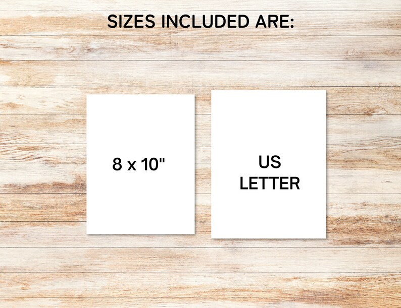 May include: Two white cards on a wooden background. The card on the left says "8 x 10" and the card on the right says "US LETTER".