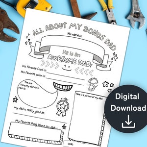 Alles over mijn bonusvadercadeau van kinderen, doe-het-zelfcadeau voor bonusvader, afdrukbare Vaderdagvragenlijst, vaderverjaardag, vul de lege plekken in, PDF