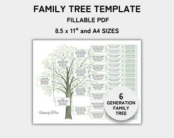 Fillable 6 Generation Family Tree Template, Ancestry Chart PDF, Genealogy Printable, Watercolor Family Tree, 8.5x11, A4