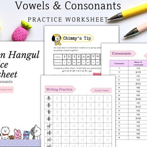 Korean Hangul Writing Practice. Vowels and Consonats, With help from BT21 characters.