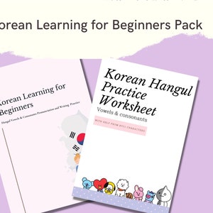 May include: Two softcover books titled "Korean Learning for Beginners" and "Korean Hangul Practice Worksheet" on a light purple background. The worksheet includes the text "Vowels & consonants" and features cartoon characters at the bottom.