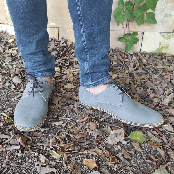 Gray Nubuck Leather Unisex Handmade Yemeni Shoes, Handmade Shoes, Earthing Shoes, Rubber Sole, Oxford Shoes