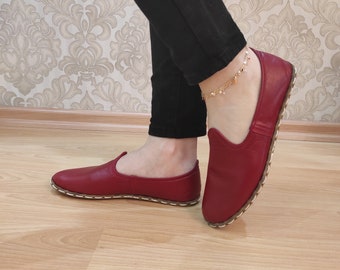 Red Unisex Handmade Turkish Yemeni Shoes, Earthing Shoes, Red Leather Shoes, Yemeni Shoes Women, Handmade Shoes