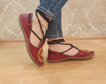 Red Handmade Women Yemeni Shoes, Yemeni Shoes Women, Barefoot Shoes, Earthing Shoes, Summer Shoes