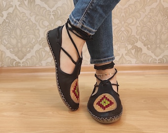 Princess Black Handmade Lace up Earthing Yemeni Shoes for Women