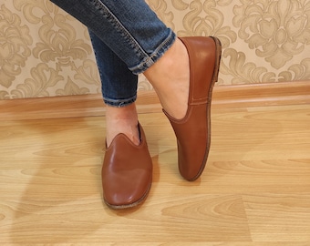 Braune handgemachte jemenitische Schuhe, jemenitische Schuhe, jemenitische Schuhe für Frauen, Barfußschuhe, braune Lederschuhe, Erdungsschuhe