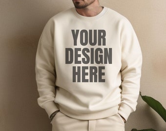 Mens Sand Gildan 18000 Mockup, Gildan 18000 Sand, Male Sand Sweatshirt Mockup, Sand Crewneck mockup, Sand mockup male, male sweatshirt mock