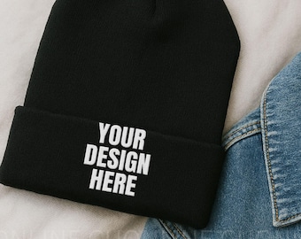 Black Classic Cuffed Beanie Hat Mockup, Flay Lay Beanie Hat Mockup