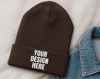 Brown Classic Cuffed Beanie Hat Mockup, Brown Flay Lay Beanie Hat Mockup, Toque Classic Beanie Mock up