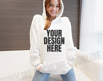 Gildan 18500 White Hoodie Mockup, White Hoodie mockup, Model gildan 18500 mockup, Gildan 18500 mockup, Hoodies Mocks, White Sweatshirt mock