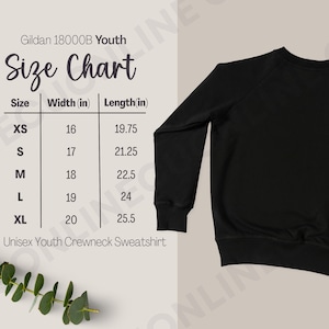 Gildan 18000B Size Chart, Gildan Youth Sweatshirt, Youth Crewneck size guide, Gildan 18000b size guide, youth sweatshirt sizing, youth mock