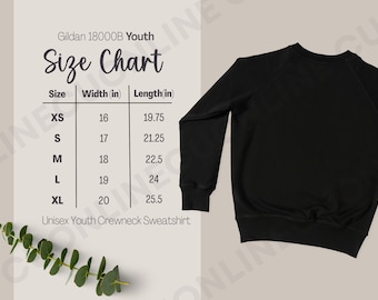 Tabla de tallas de Gildan 18000B, sudadera juvenil de Gildan, guía de tallas de sudadera juvenil con cuello redondo, guía de tallas de Gildan 18000b, tallas de sudadera juvenil, sudadera juvenil