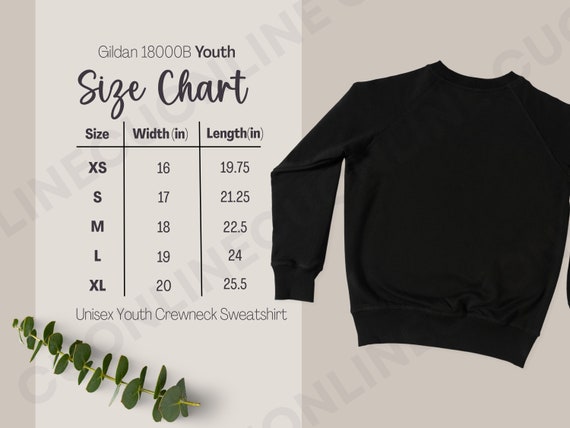 Gildan 18000B Size Chart, Gildan Youth Sweatshirt, Youth Crewneck size guide, Gildan 18000b size guide, youth sweatshirt sizing, youth mock
