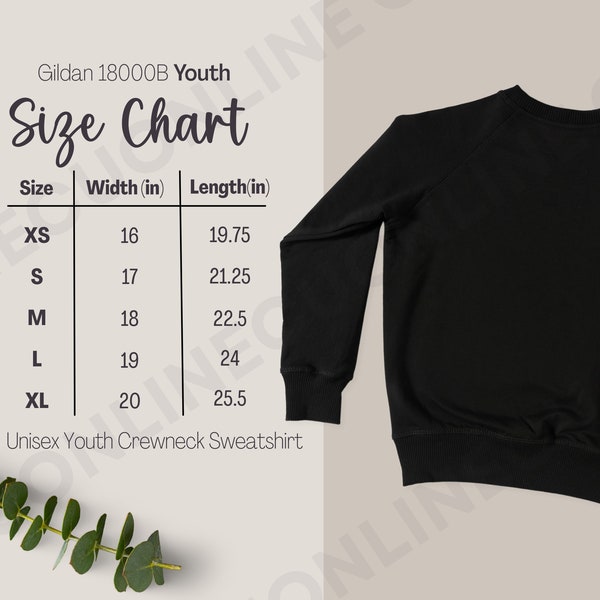 Gildan 18000B Size Chart, Gildan Youth Sweatshirt, Youth Crewneck size guide, Gildan 18000b size guide, youth sweatshirt sizing, youth mock