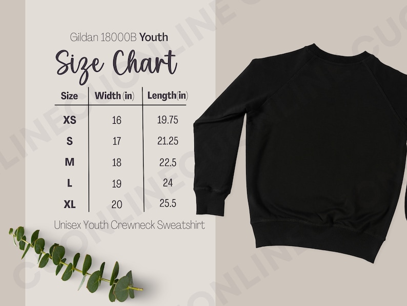 May include: Size chart for Gildan 18000B Youth Crewneck Sweatshirts. The chart shows sizes XS through XL with corresponding width and length measurements in inches.