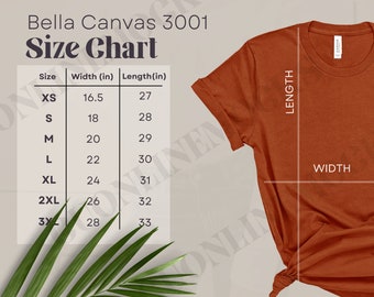Bella Canvas 3001 Größentabelle, Bella Canvas 3001, T-Shirt Größentabelle, Bella Canvas Größentabelle, Mockup Größentabelle, Druck auf Anfrage