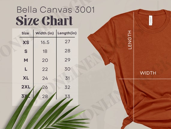 Bella Canvas 3001 Size Chart Bella Canvas 3001 T-shirt Size - Etsy Canada