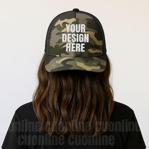 Camouflage Trucker Hat Mockup, OTTO Cap 105-1247 Camo Hat Black Mockup Photo, Female Model Camo Hat