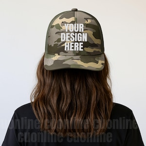 Camouflage Trucker Hat Mockup, OTTO Cap 105-1247 Camo Hat Olive Mockup Photo, Female Model Camo Hat