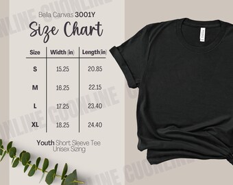 Bella Canvas 3001Y Größentabelle, Bella Canvas 3001Y, Größentabelle für Jugend-T-Shirts, Bella Canvas Größentabelle, Mockup Größentabelle, Print on Demand