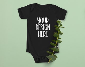 Maquette Baby Onesie, Bodysuit Bébé Noir, Maquette Peaux de Lapin 4400, Maquette Onesie, Maquette De Bodysuit Bébé Noir, Maquette Flat Lay