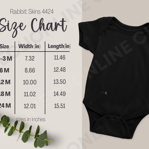 Pode incluir: Uma tabela de tamanhos para bodies de bebê, mostrando a largura e o comprimento em polegadas para os tamanhos de 0 a 3 meses, 6 meses, 12 meses, 18 meses e 24 meses. A tabela é impressa em um fundo branco com texto preto.
