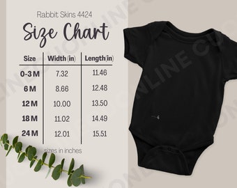 Rabbit Skins 4424 Size Chart, Infant Jersey Bodysuit, Rabbit Skins 4424 Mockup, Rabbit Skins 4424 Sizing Guide, Size Guide, Baby Outfit Mock