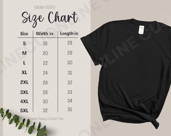Könnte beinhalten: Eine Größentabelle für Gildan 5000 Unisex-T-Shirts aus schwerem Baumwollstoff. Die Tabelle zeigt die Breite und Länge in Zoll für die Größen S bis 5XL.