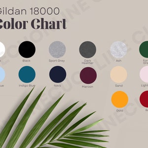 Tabla de colores Gildan 18000, tabla de colores Gildan 18000, maquetas de sudaderas Gildan, tabla de tallas Gildan 18000, maquetas de impresión bajo demanda