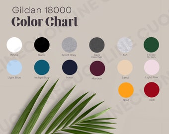 Gildan 18000 Color Chart, Color Chart GIldan 18000, Gildan Sweatshirt Mockups, Gildan 18000 Sizing Chart, Print on Demand Mockups