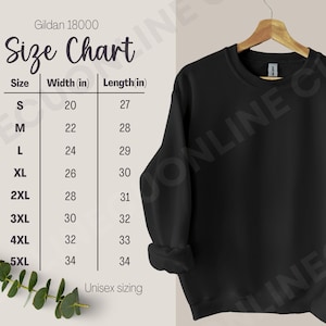 Gildan 18000 Size Chart, Gildan 18000 sweatshirt Size Chart, Gildan Size Guide, Mockup Size Chart, Print on Demand, Sweatshirt Mockups
