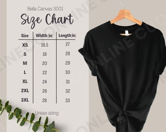 Bella Canvas 3001 Größentabelle, Bella Canvas 3001, T-Shirt Größentabelle, Bella Canvas Größentabelle, Mockup Größentabelle, Druck auf Anfrage
