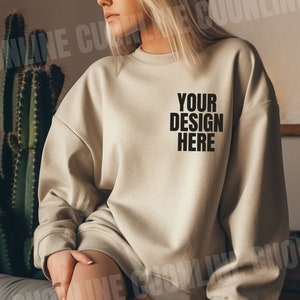 Sand Gildan Sweatshirt Mockup, Sand Sweater mockup, Model gildan 18000 mockup, Gildan 18000 mockup, Sand Sweatshirt Mock, Sand Sweater