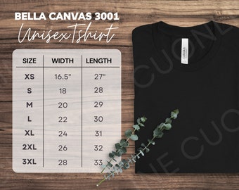 Bella Canvas 3001 Größentabelle, Bella Canvas 3001, T-Shirt Größentabelle, Bella Canvas Größentabelle, Mockup Größentabelle, Druck auf Anfrage