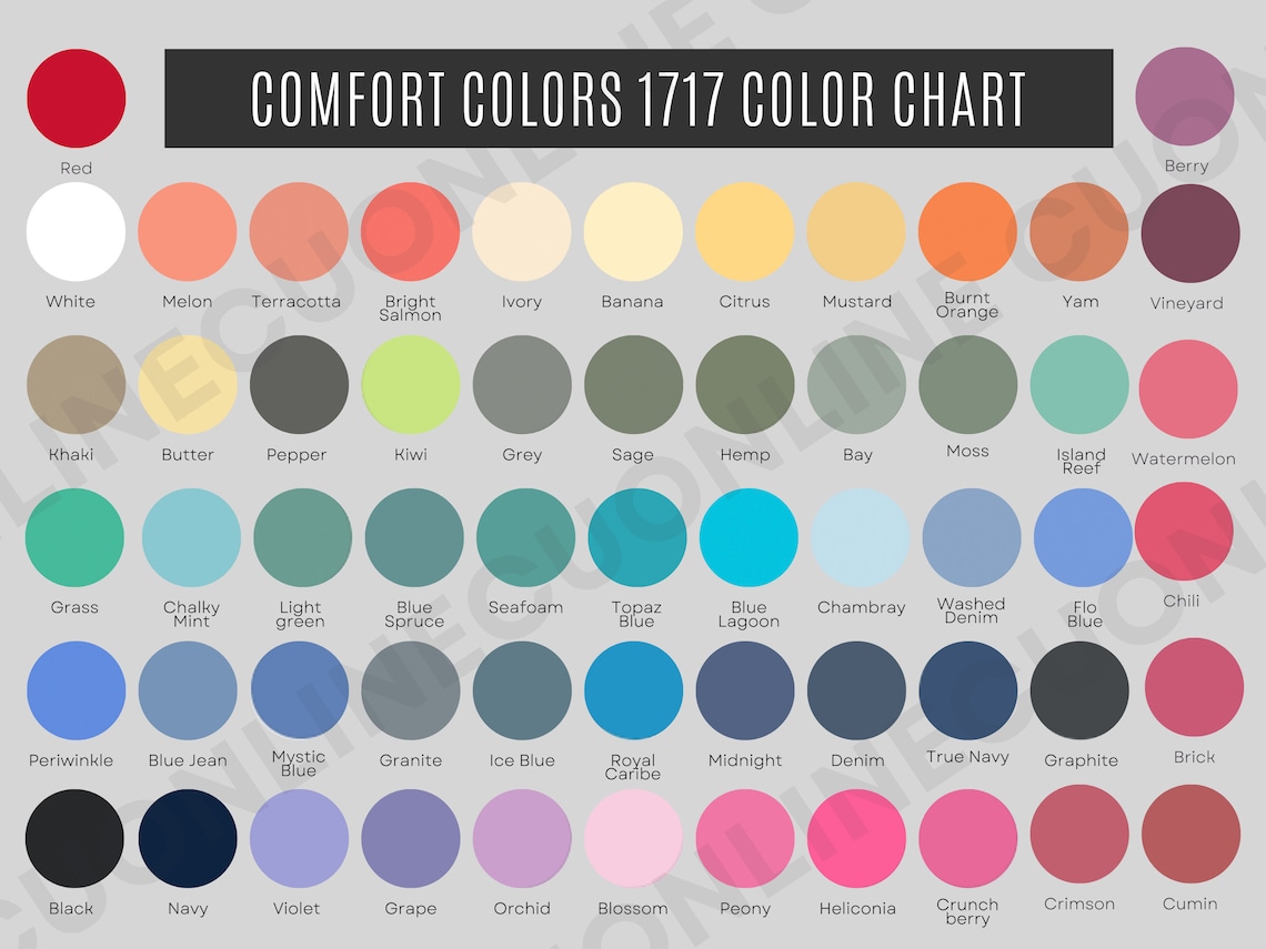 Comfort Colors 1717 Color Chart, Tshirt Color Guide, Comfort Colors 