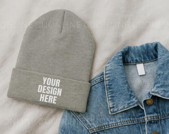 Heather Grey Classic Cuffed Beanie Hat Mockup, Grey Flay Lay Beanie Hat Mockup, Toque Classic Beanie Mock up