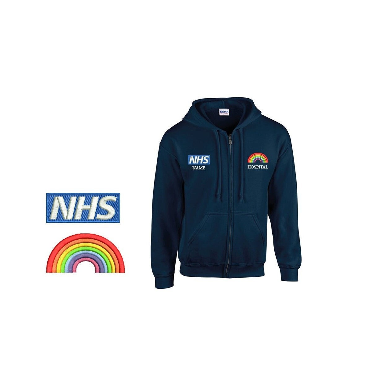 NHS Rainbow Embroidered Unisex Zipped Hoodie