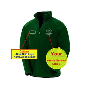 May include: Green fleece jacket with a zip and a patch on the chest that says "Your Health Service LOGO". The jacket has a name and appointment tag on the left chest.