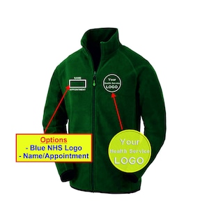 May include: Green fleece jacket with a zip fastening. The jacket has a white embroidered name tag and a white embroidered circle with the text "Your Health Service LOGO".