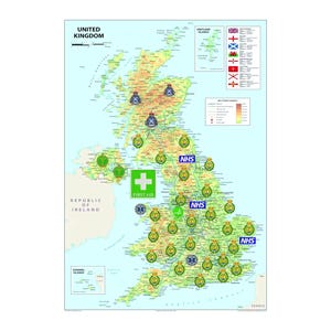 May include: A map of the United Kingdom with green and brown terrain, showing the locations of various emergency services. The map includes symbols for the National Health Service (NHS), police, and first aid. The map also includes the text "UNITED KINGDOM", "REPUBLIC OF IRELAND", "SHETLAND ISLANDS", "CHANNEL ISLANDS", "FRANCE", and "NHS".