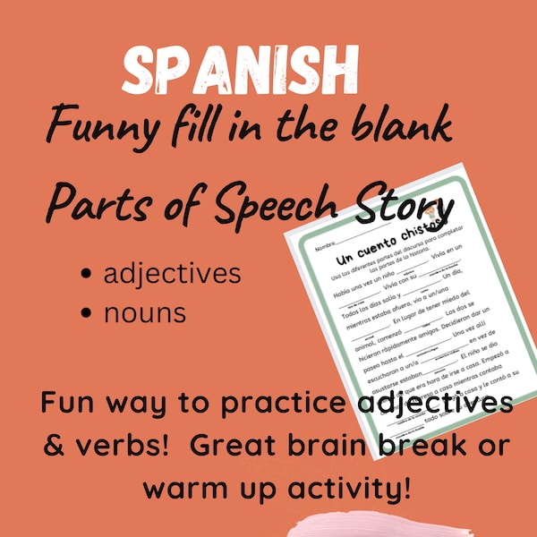 Spanish Fill in the Blanks Parts of Speech Funny Worksheet Practice ~ práctica en español