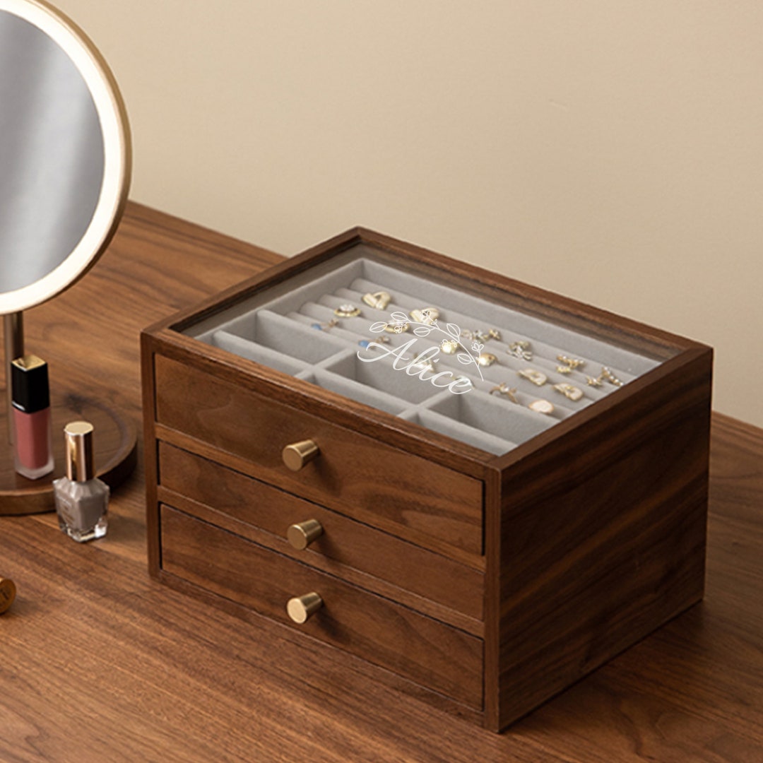 Glass Lid Jewelry Box With Drawer Wood Storage Box Wooden Earring Bracelet Necklace Rings Watch