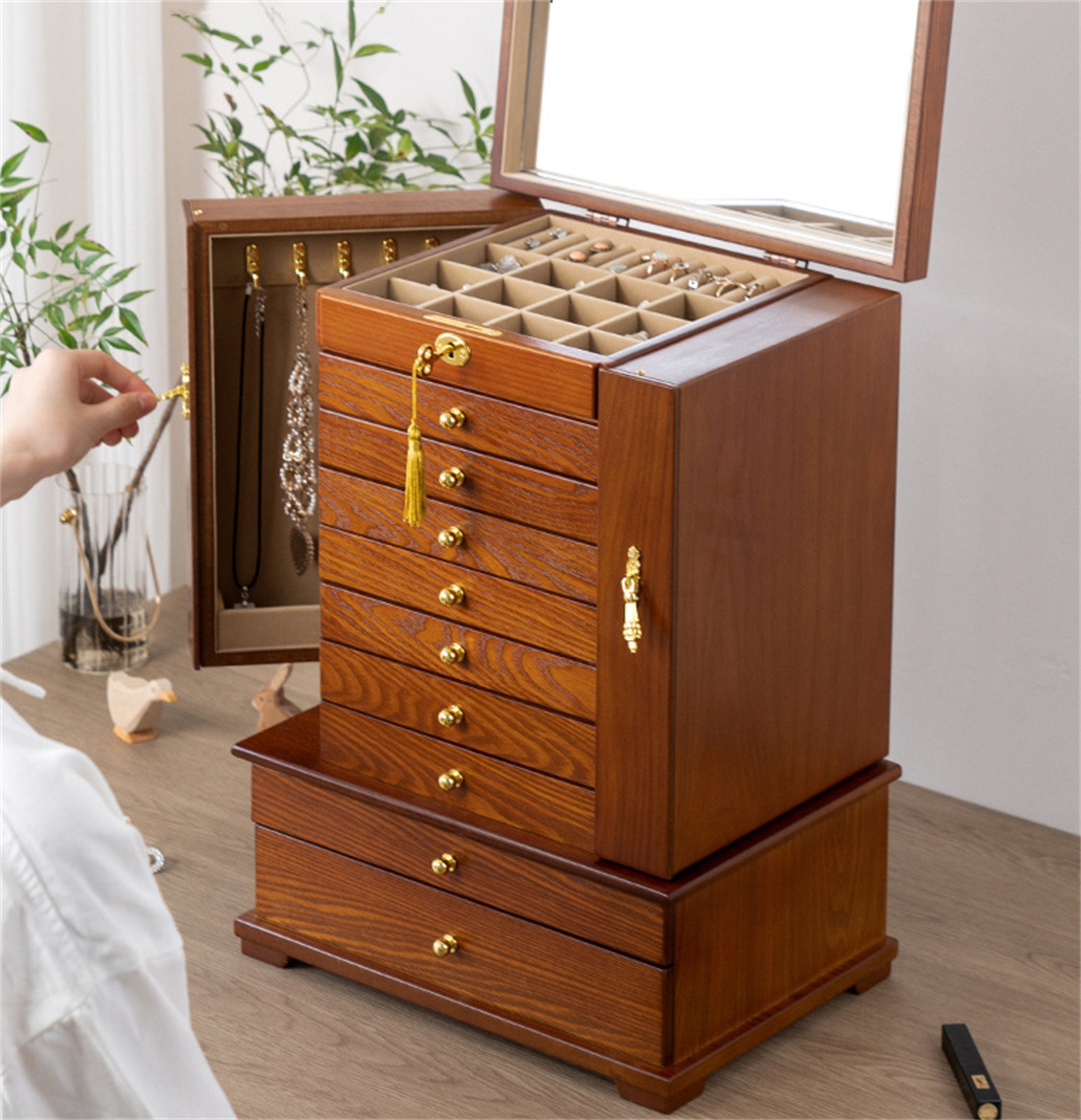 Personalized Wooden Jewelry Box: 10-layer High-capacity Locking