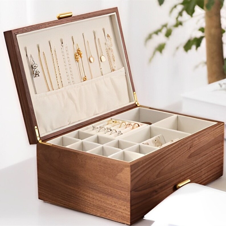 Caja de joyería de nogal macizo con cajón, caja de almacenamiento de madera, pendiente de madera, pulsera, collar, anillos, caja organizadora de reloj, regalo de cumpleaños para esposa imagen 5