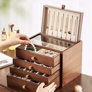 Große Glasdeckel Schmuckschatulle mit 5 Schublade Holz Aufbewahrungsbox Multifunktionale Ohrring Armband Halskette Ringe Uhr Organizer Box Geschenk Frau