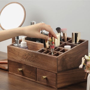Organizadores de maquiagem de nogueira preta, armazenamento de cosméticos e produtos de higiene pessoal, suporte de armazenamento de maquiagem e beleza com gaveta, presente personalizado para esposa, mãe e filha
